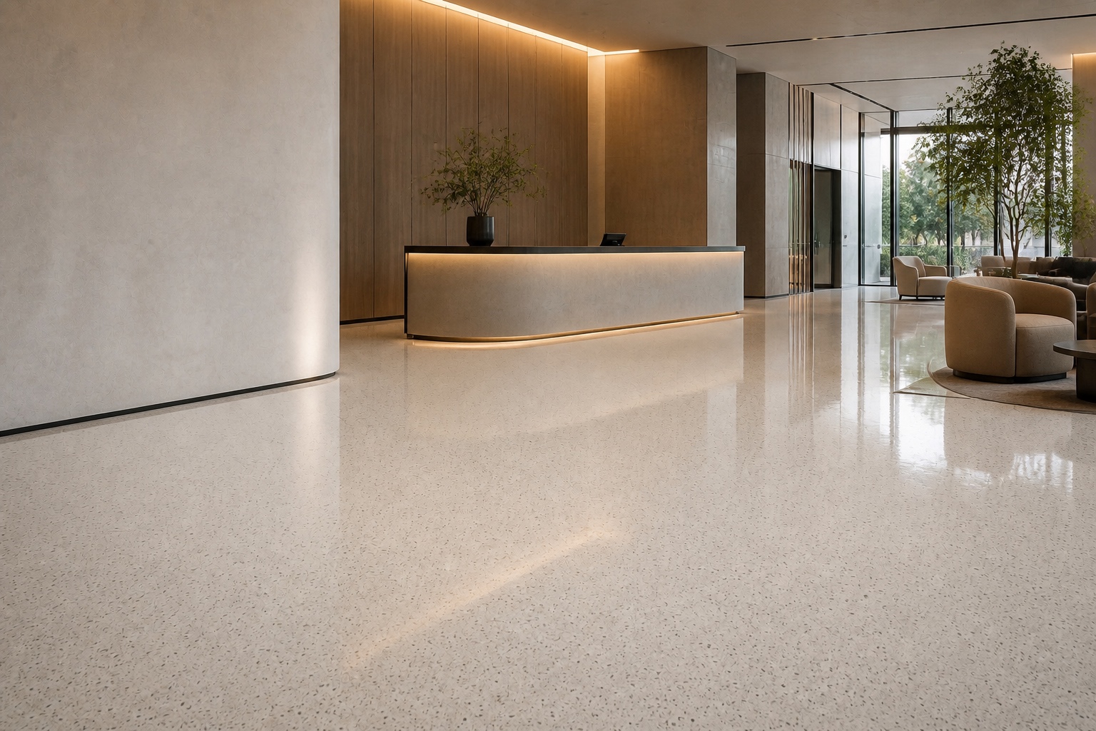 Pardoseală epoxidică Liquid Stone într-un lobby hotelier contemporan