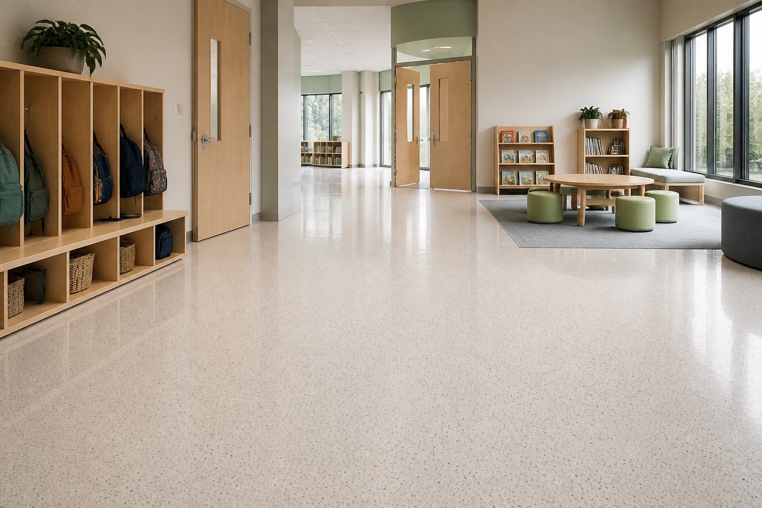 Pardoseală epoxidică Liquid Stone într-o școală modernă, cu vestiare și zonă de lectură